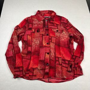 Chicos Sheer Silk Button Down Blouse Shirt Abstract Red Print Artsy Top Large 2